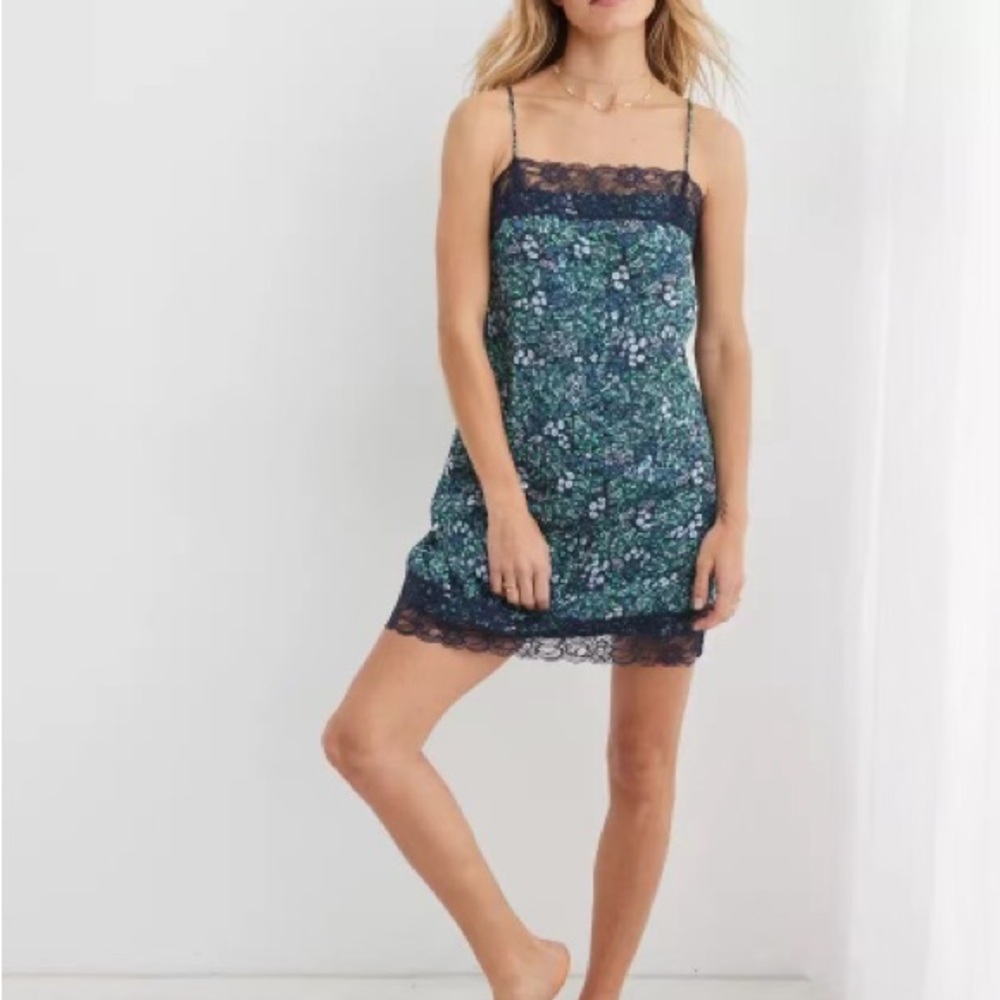 Blue and Green Chemise with Floral Print